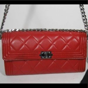 Chanel red leather Long Boy bag wallet